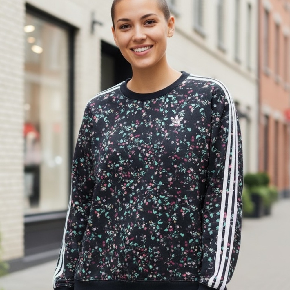 Adidas Black Floral Crewneck with White Stripes